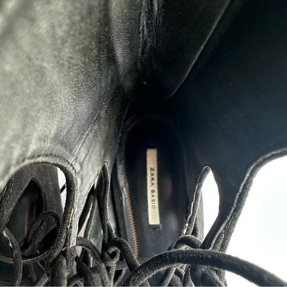 Zara Women’s Basic Black Lace Up Block Heels Booties Boho Witchy Goth Neutral 8 - Picture 7 of 12